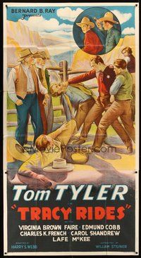 2f818 TRACY RIDES 3sh '35 cool stone litho of cowboy Tom Tyler beating up the bad guy!