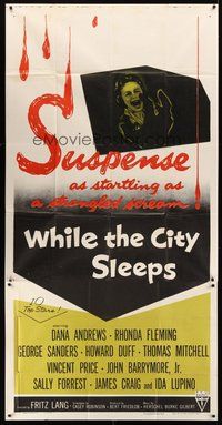 2f845 WHILE THE CITY SLEEPS 3sh '56 great image of Lipstick Killer's victim, Fritz Lang noir!