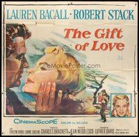 2f267 GIFT OF LOVE 6sh '58 great romantic close up art of Lauren Bacall & Robert Stack!