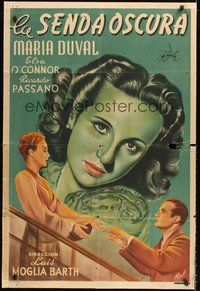 2f120 LA SENDA OSCURA Argentinean '47 Raf art of pretty Maria Duval between lovers on stairs!