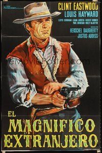 2f137 MAGNIFICENT STRANGER Argentinean '67 artwork of cowboy Clint Eastwood pointing gun!