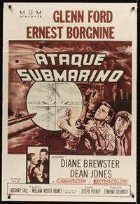 2f206 TORPEDO RUN Argentinean '58 art of Glenn Ford & Ernest Borgnine in submarine at periscope!