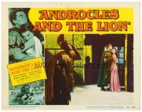 2j040 ANDROCLES & THE LION LC #2 '52 far shot of Victor Mature holding pretty Jean Simmons!