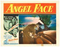 2j041 ANGEL FACE LC #7 '53 Robert Mitchum kissing pretty heiress Jean Simmons in convertible