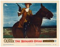 2j081 BEGGAR'S OPERA LC #7 '53 close up of highwayman Laurence Olivier pointing gun on horseback!