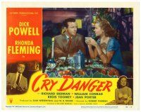 2j202 CRY DANGER LC #5 '51 close up of Dick Powell & Rhonda Fleming having dinner in restaurant!