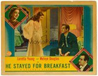 2j355 HE STAYED FOR BREAKFAST LC '40 pretty Loretta Young looks down at Melvyn Douglas holding gun!