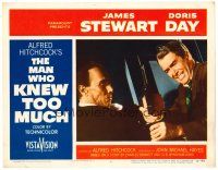 2j503 MAN WHO KNEW TOO MUCH LC #3 '56 Hitchcock, c/u of James Stewart wrestling gun from man!