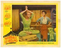 2j519 MARRIAGE-GO-ROUND LC #3 '60 Susan Hayward looks at sexy Julie Newmar doing yoga on suitcase!