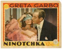 2j582 NINOTCHKA LC '39 Melvyn Douglas about to kiss blindfolded Greta Garbo, Ernst Lubitsch!