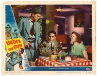 2j887 UNDER THE GUN LC #4 '51 John McIntire gives gun to Richard Conte at table with Audrey Totter!