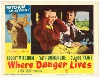 2j934 WHERE DANGER LIVES LC #7 '50 driver Robert Mitchum looks at Faith Domergue screaming!