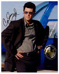 2m241 CARLOS BERNARD signed color 8x10 REPRO still '00s close up wearing shades by helicopter!