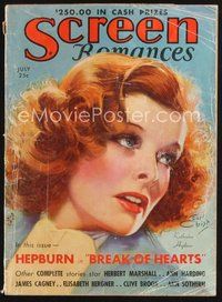 2m109 SCREEN ROMANCES magazine July 1935 wonderful art of Katharine Hepburn by Earl Christy!