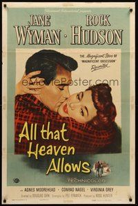 2p028 ALL THAT HEAVEN ALLOWS 1sh '55 close up romantic art of Rock Hudson kissing Jane Wyman!