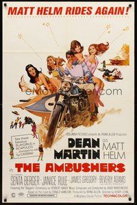 2p032 AMBUSHERS 1sh '67 art of Dean Martin as Matt Helm with sexy Slaygirls on motorcycle!
