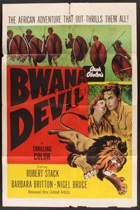 2p106 BWANA DEVIL 1sh R54 Robert Stack, Arch Oboloer, cool art of lion jumping from poster!