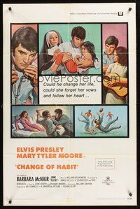 2p129 CHANGE OF HABIT 1sh '69 art of Dr. Elvis Presley in various scenes, Mary Tyler Moore!