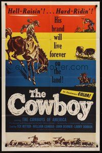 2p155 COWBOY 1sh '54 William Conrad narrates documentary about hell-raisin' & hard ridin' cowboys!