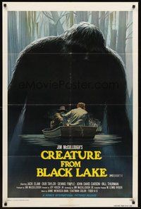 2p158 CREATURE FROM BLACK LAKE 1sh '76 cool art of monster looming over guys in boat by McQuarrie!