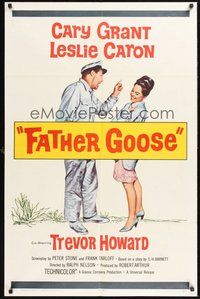 2p229 FATHER GOOSE 1sh '65 art of sea captain Cary Grant yelling at pretty Leslie Caron!