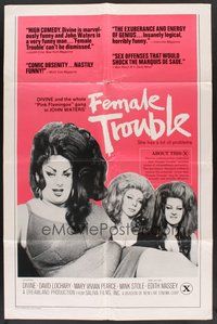 2p235 FEMALE TROUBLE 1sh '74 John Waters, great image of Divine with big hair friends!
