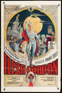 2p250 FLESH GORDON 1sh '74 sexy sci-fi spoof, wacky erotic super hero art by George Barr!