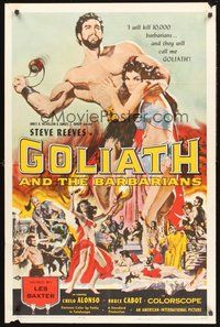 2p287 GOLIATH & THE BARBARIANS 1sh '59 art of Steve Reeves protecting sexy Chelo Alonso!