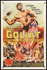 2p288 GOLIATH & THE BARBARIANS Spanish/U.S. 1sh '59 art of Steve Reeves protecting sexy Chelo Alonso!