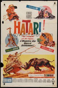 2p321 HATARI 1sh '62 Howard Hawks, great artwork images of John Wayne in Africa!