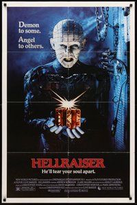 2p335 HELLRAISER 1sh '87 Clive Barker horror, great image of Pinhead, he'll tear your soul apart!