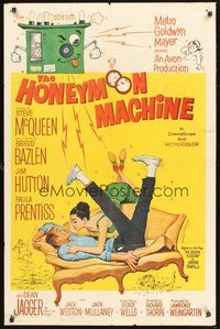 2p356 HONEYMOON MACHINE 1sh '61 wacky art of young Steve McQueen & sexy girl!