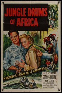 2p415 JUNGLE DRUMS OF AFRICA 1sh '52 Clayton Moore with gun & Phyllis Coates, Republic serial!