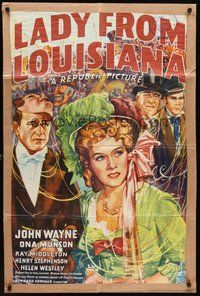 2p440 LADY FROM LOUISIANA kraftbacked 1sh '41 great colorful artwork of John Wayne, Ona Munson!