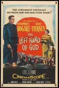 2p452 LEFT HAND OF GOD 1sh '55 artwork of priest Humphrey Bogart holding gun + sexy Gene Tierney!