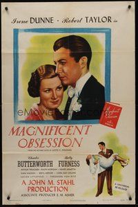 2p492 MAGNIFICENT OBSESSION 1sh R47 great romantic art image of Irene Dunne & Robert Taylor!