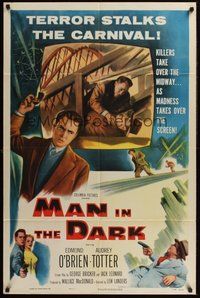 2p504 MAN IN THE DARK 2-D 1sh '53 really cool art of men fighting on rollercoaster!