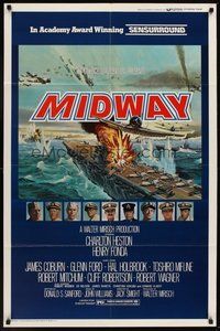2p535 MIDWAY 1sh '76 Charlton Heston, Henry Fonda, dramatic naval battle art!