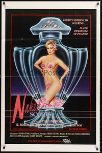 2p583 NAKED SCENTS video theatrical 1sh '85 Tish Ambrose, art of sexy woman in perfume bottle!