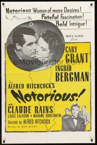 2p617 NOTORIOUS 1sh R54 close up of Cary Grant & Ingrid Bergman, Alfred Hitchcock classic!