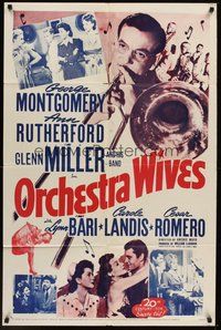 2p639 ORCHESTRA WIVES 1sh R54 great close up of Glenn Miller playing trombone, sexy ladies!