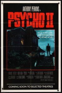 2p703 PSYCHO II advance 1sh '83 Anthony Perkins as Norman Bates, cool creepy image of classic house!