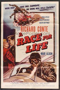 2p714 RACE FOR LIFE 1sh '54 cool race car driver Richard Conte & crash artwork!