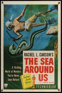2p779 SEA AROUND US style A 1sh '53 really cool art of diver fighting an eel!