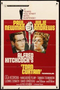 2p917 TORN CURTAIN 1sh '66 Paul Newman, Julie Andrews, Alfred Hitchcock tears you apart w/suspense!
