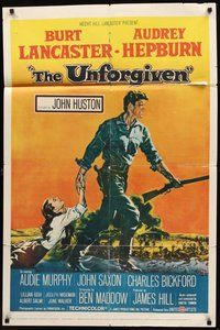 2p932 UNFORGIVEN 1sh '60 Burt Lancaster, Audrey Hepburn, directed by John Huston!