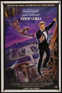 2p945 VIEW TO A KILL advance 1sh '85 art of Moore as Bond & Grace Jones in parachute by Gouzee!