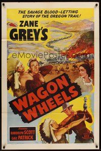 2p949 WAGON WHEELS 1sh R51 Randolph Scott, Gail Patrick, Zane Grey's story of the Oregon Trail!