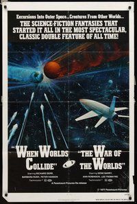 2p969 WHEN WORLDS COLLIDE/WAR OF THE WORLDS 1sh '77 cool sci-fi art of rocket in space by Berkey!