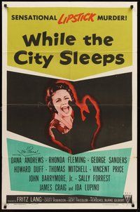 2p971 WHILE THE CITY SLEEPS style A 1sh '56 cool image of Lipstick Killer's victim, Fritz Lang noir!